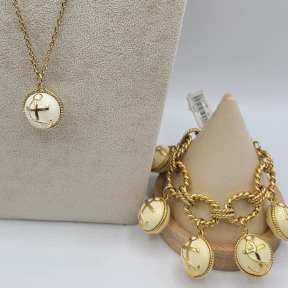J Crew White Enamel Ball Charms with Gold Tone Anchor Bracelet & Necklace NWT!